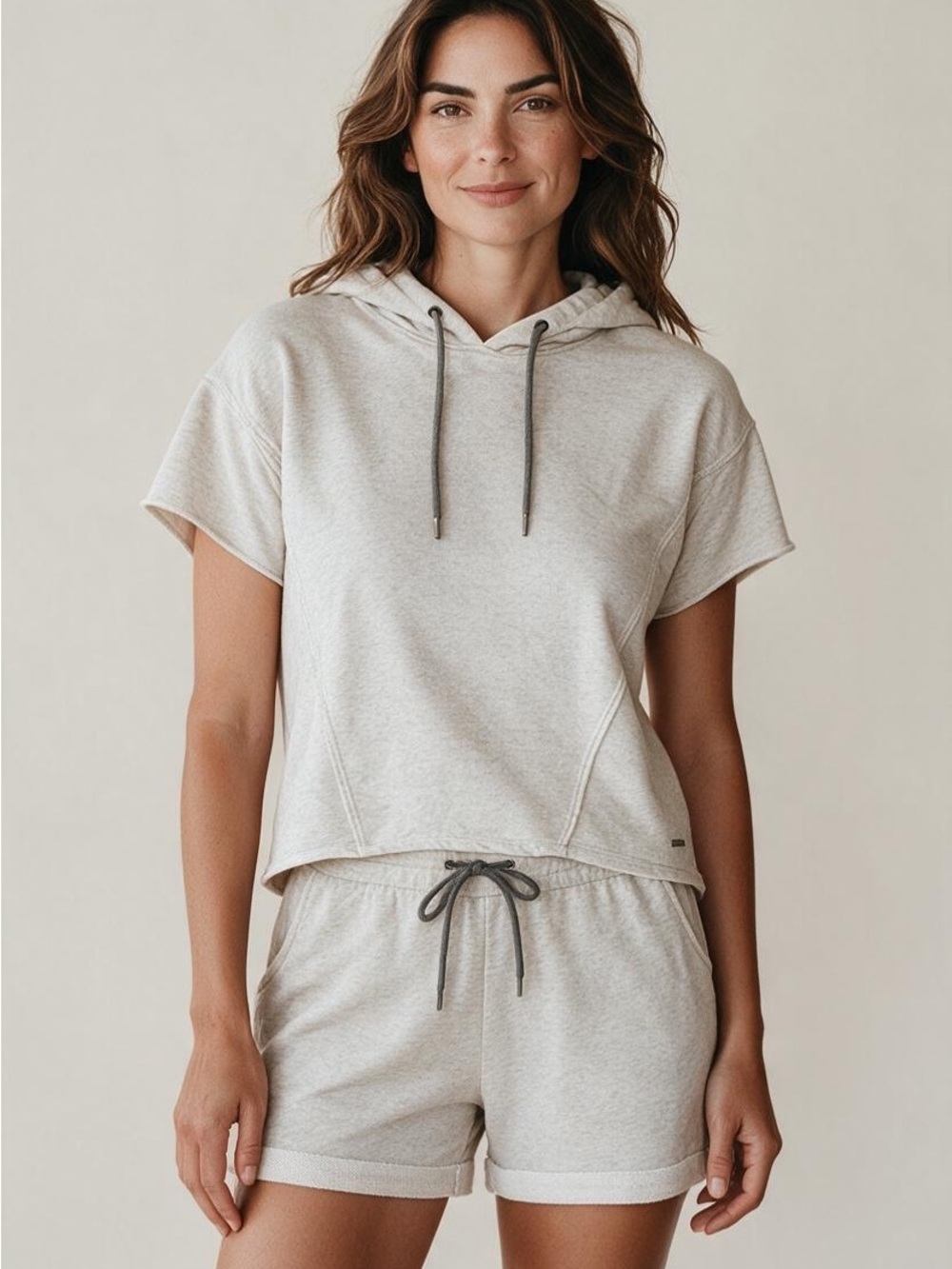 Marc New York Short-Sleeve Hoodie Top in Light Heather Gray with matching shorts